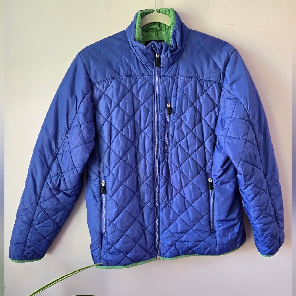 Lands' End  Blue Quilted PrimaLoft Jacket with Green Lining Med.